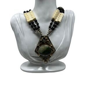 Boho Necklace Long Silver Tone Green Black Stones‎ Handmade Statement